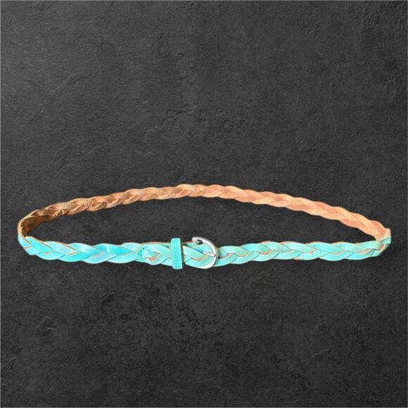 Y2K Aeropostale Turquoise Leather Braided Adjustable Silver Buckle Belt Western - Picture 2 of 4